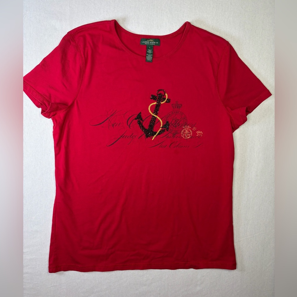 Lauren Jeans Co. LRL Red Short Sleeve Embellished Anchor Graphic - Size Large